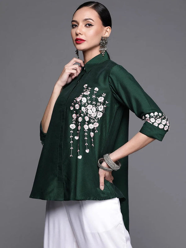 Green Embroidered Silk Blend Shirt - Jashvi