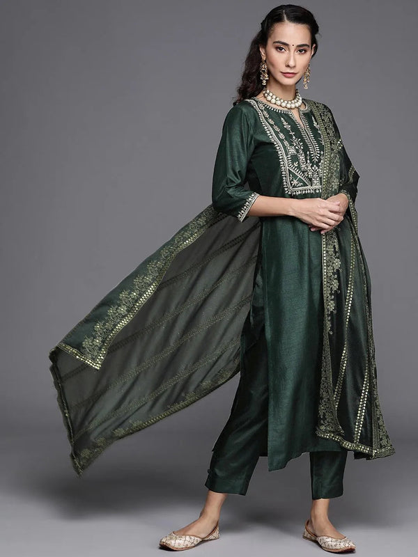 Green Embroidered Silk Blend Suit Set - Jashvi