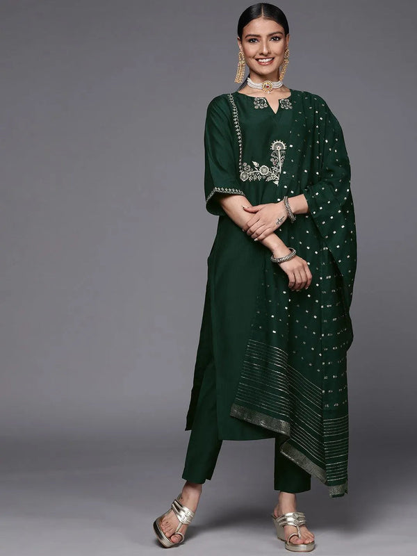 Green Embroidered Silk Blend Straight Suit Set - Jashvi