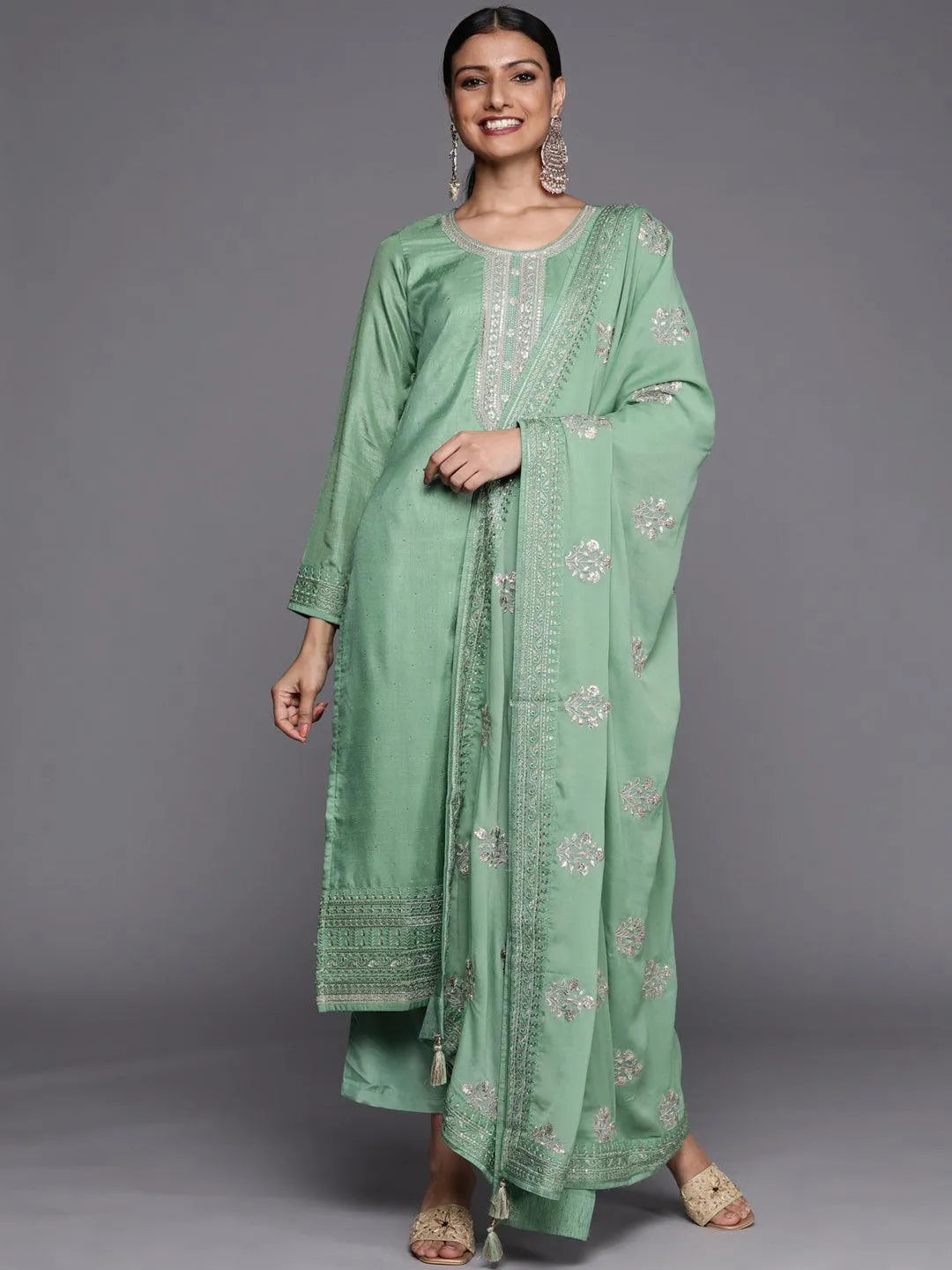 Green Embroidered Silk Blend Straight Suit Set - Jashvi