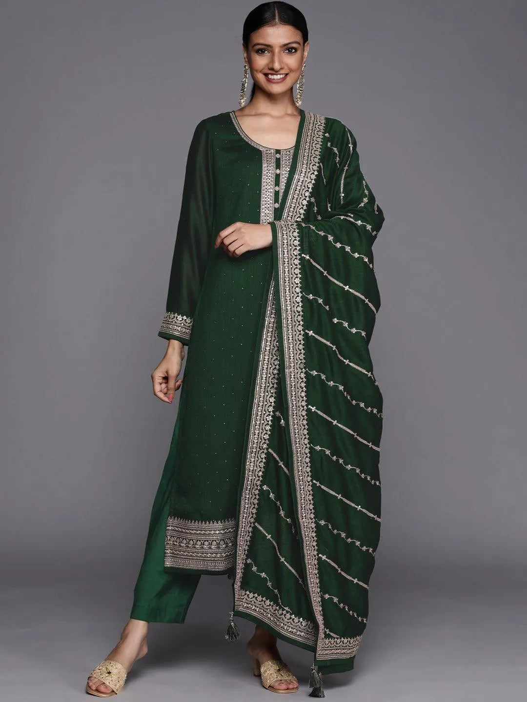 Green Embroidered Silk Blend Straight Suit Set - Jashvi