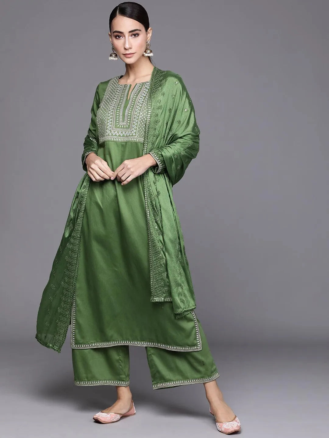 Green Embroidered Silk Blend Suit Set - Jashvi