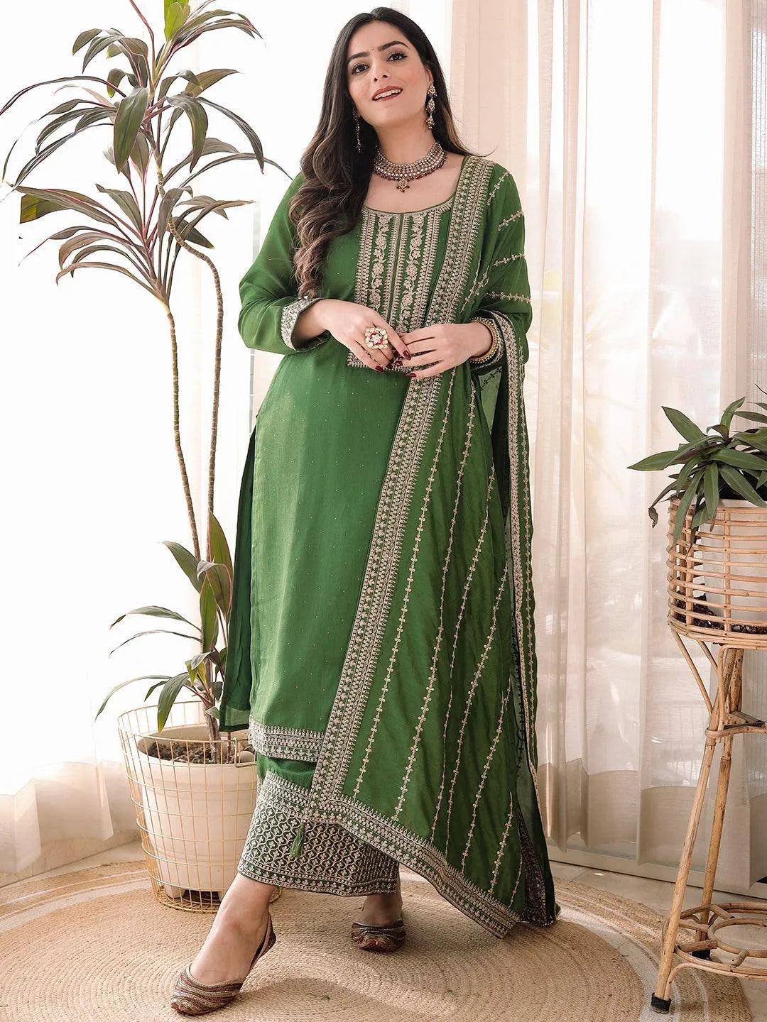 Green Embroidered Silk Blend Straight Suit Set - Jashvi