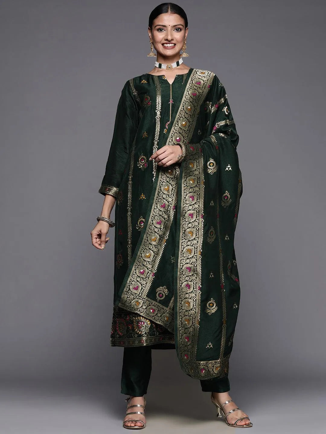 Green Embroidered Silk Blend Straight Suit Set - Jashvi