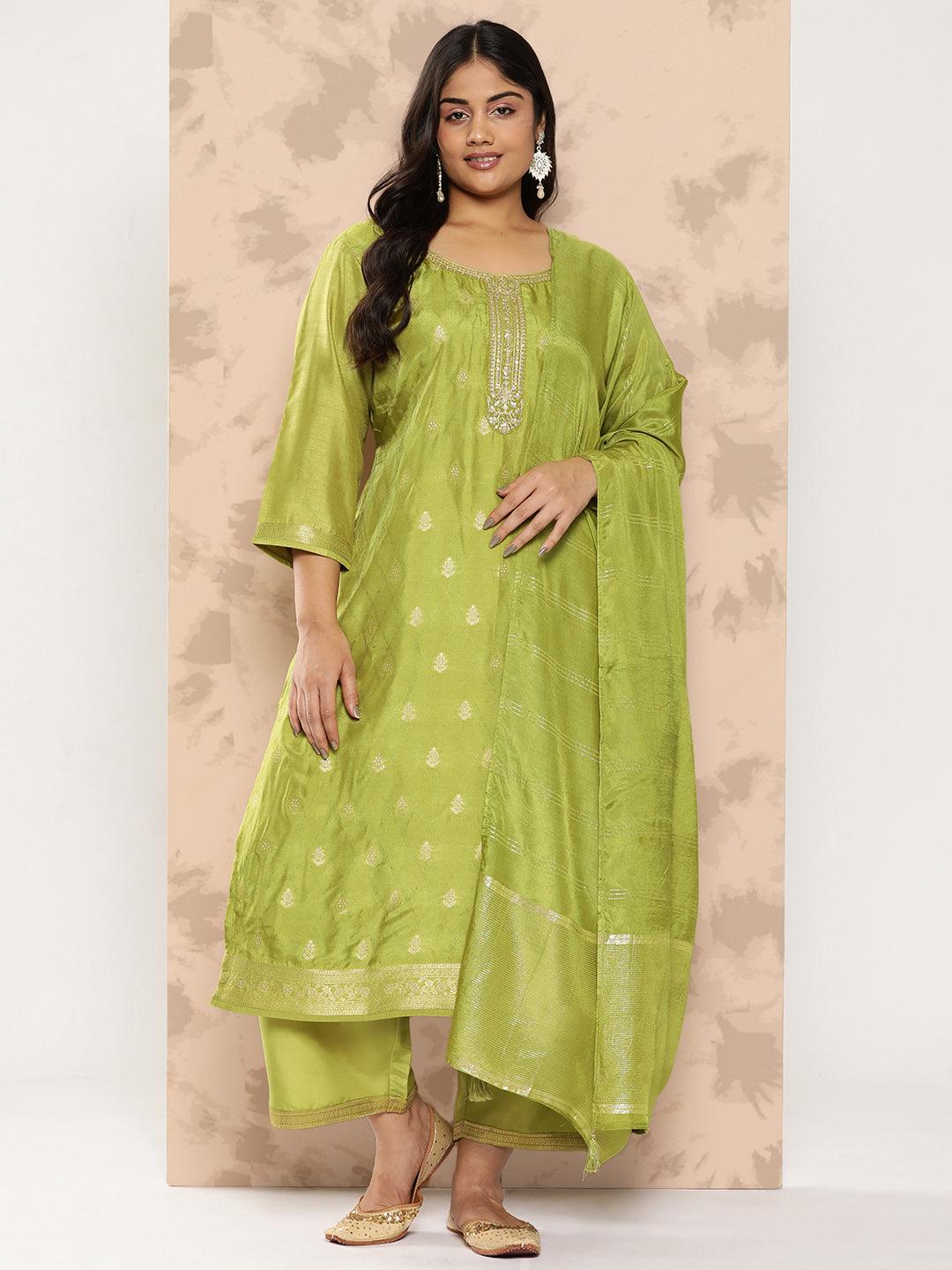 Green Embroidered Silk Blend Straight Kurta With Trousers and Dupatta - Jashvi