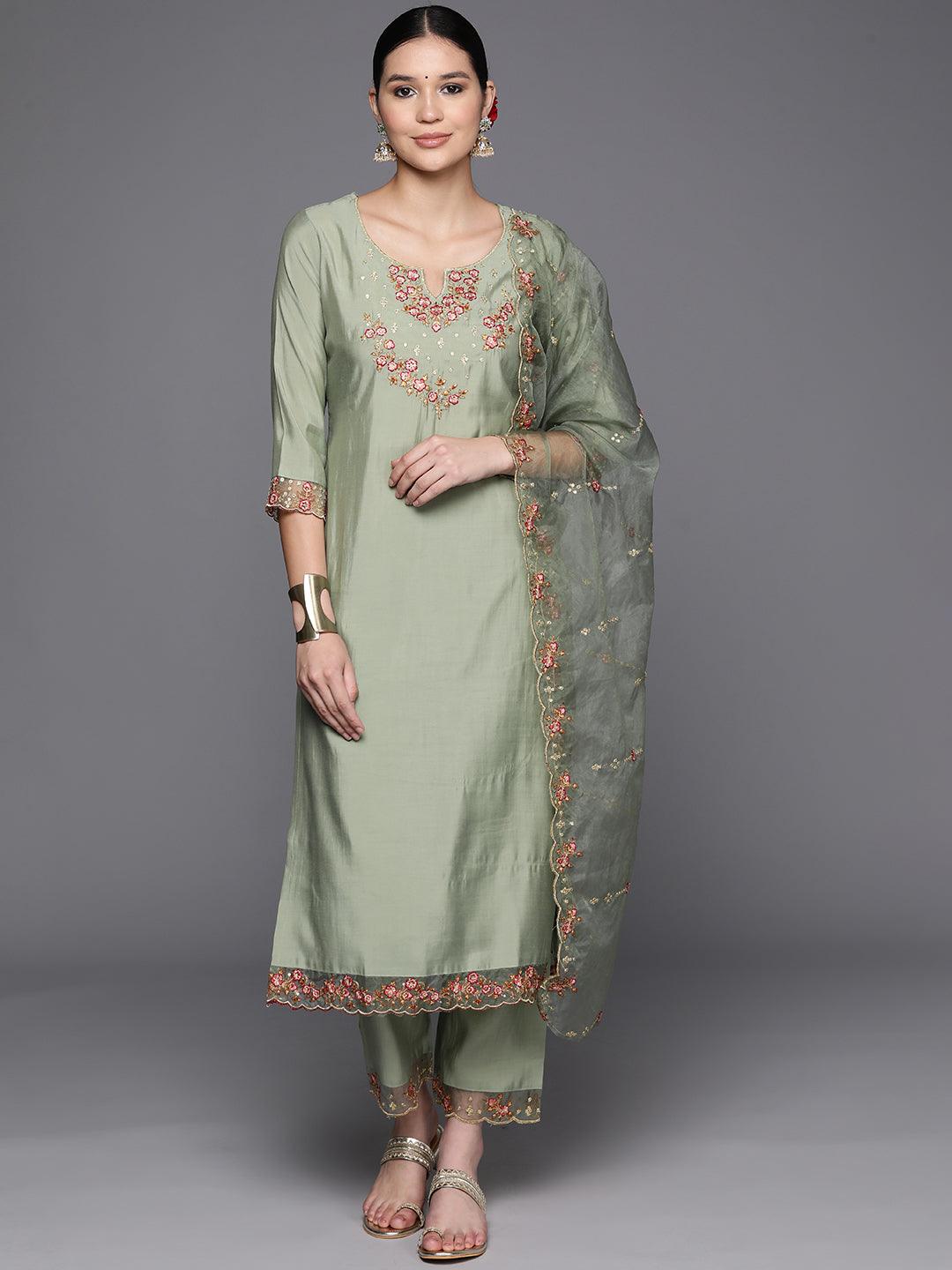 Green Embroidered Silk Blend Straight Kurta With Trousers & Dupatta - Jashvi