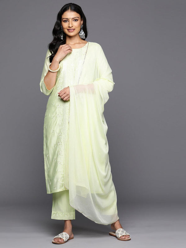 Green Embroidered Silk Blend Straight Kurta With Trousers & Dupatta - Jashvi