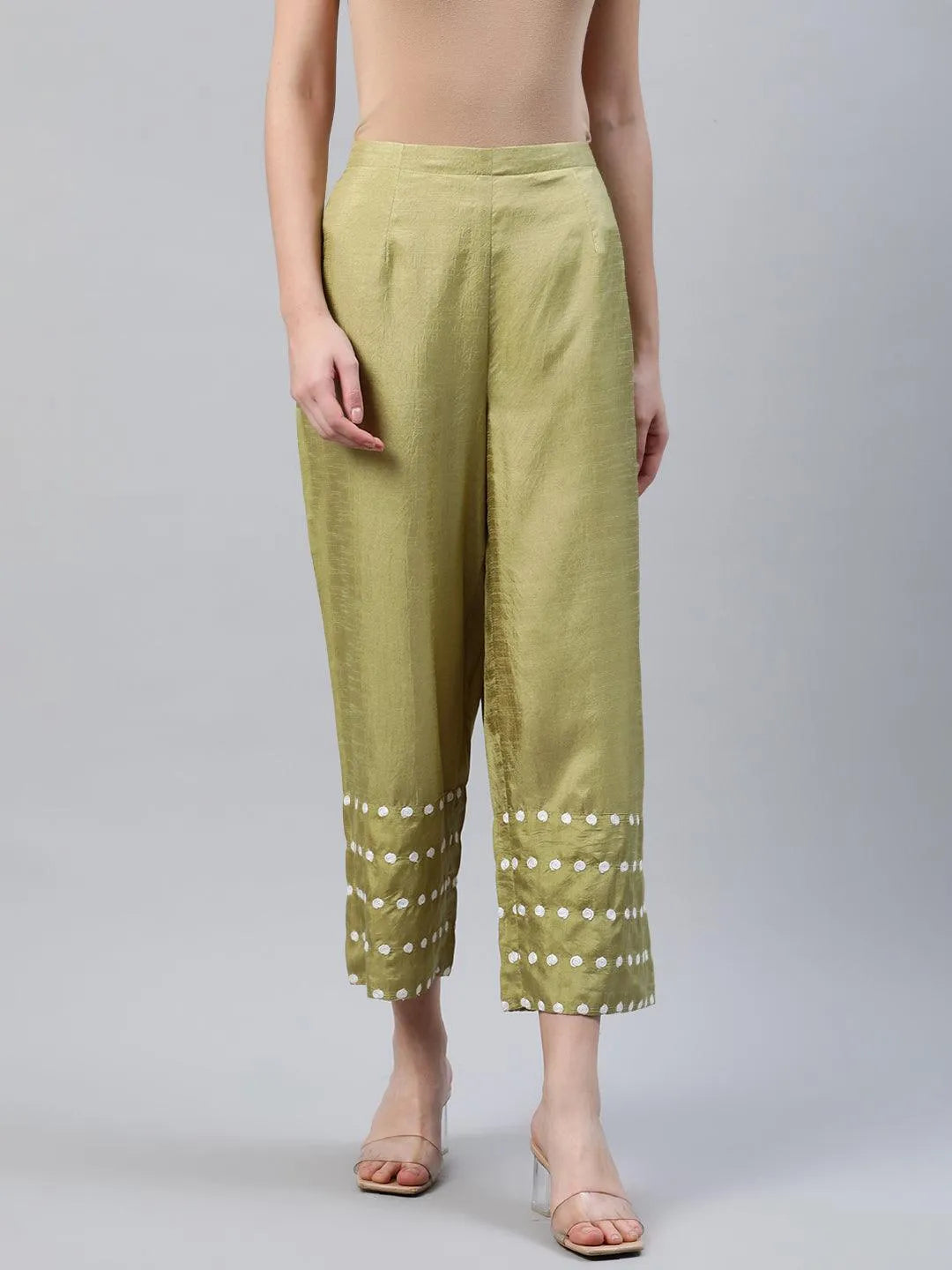 Green Embroidered Silk Palazzos - Jashvi