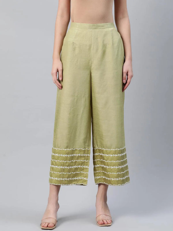 Green Embroidered Silk Palazzos - Jashvi