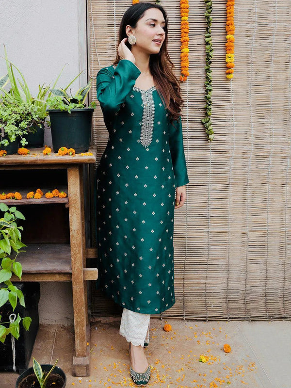 Green Embroidered Silk Straight Kurta - Jashvi