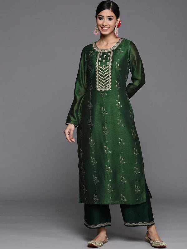 Green Embroidered Silk Straight Kurta - Jashvi