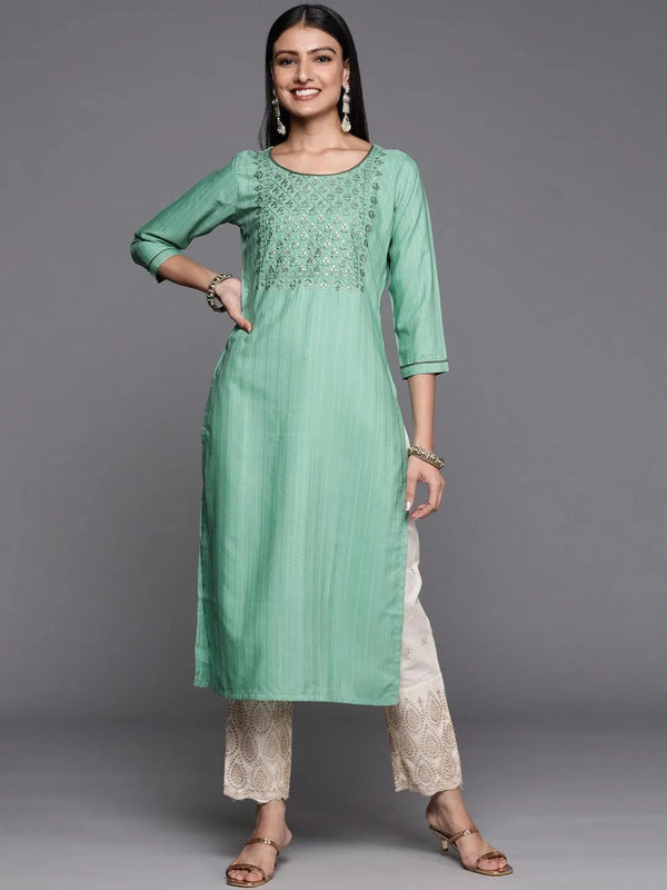 Green Embroidered Silk Straight Kurta - Jashvi