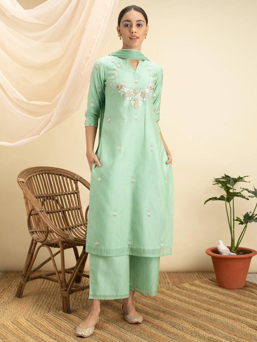 Green Embroidered Silk Suit Set - Jashvi