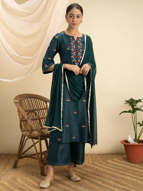 Green Embroidered Silk Suit Set - Jashvi