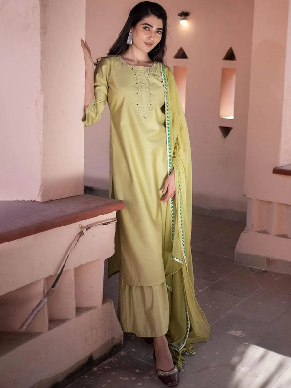 Green Embroidered Silk Suit Set - Jashvi