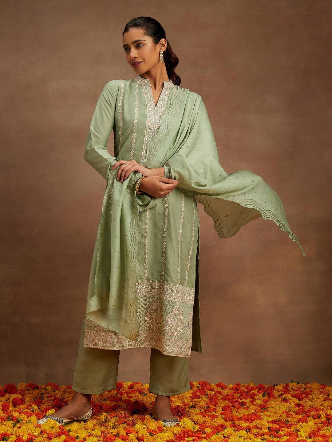 Green Embroidered Silk Straight Kurta With Trousers & Dupatta - Jashvi