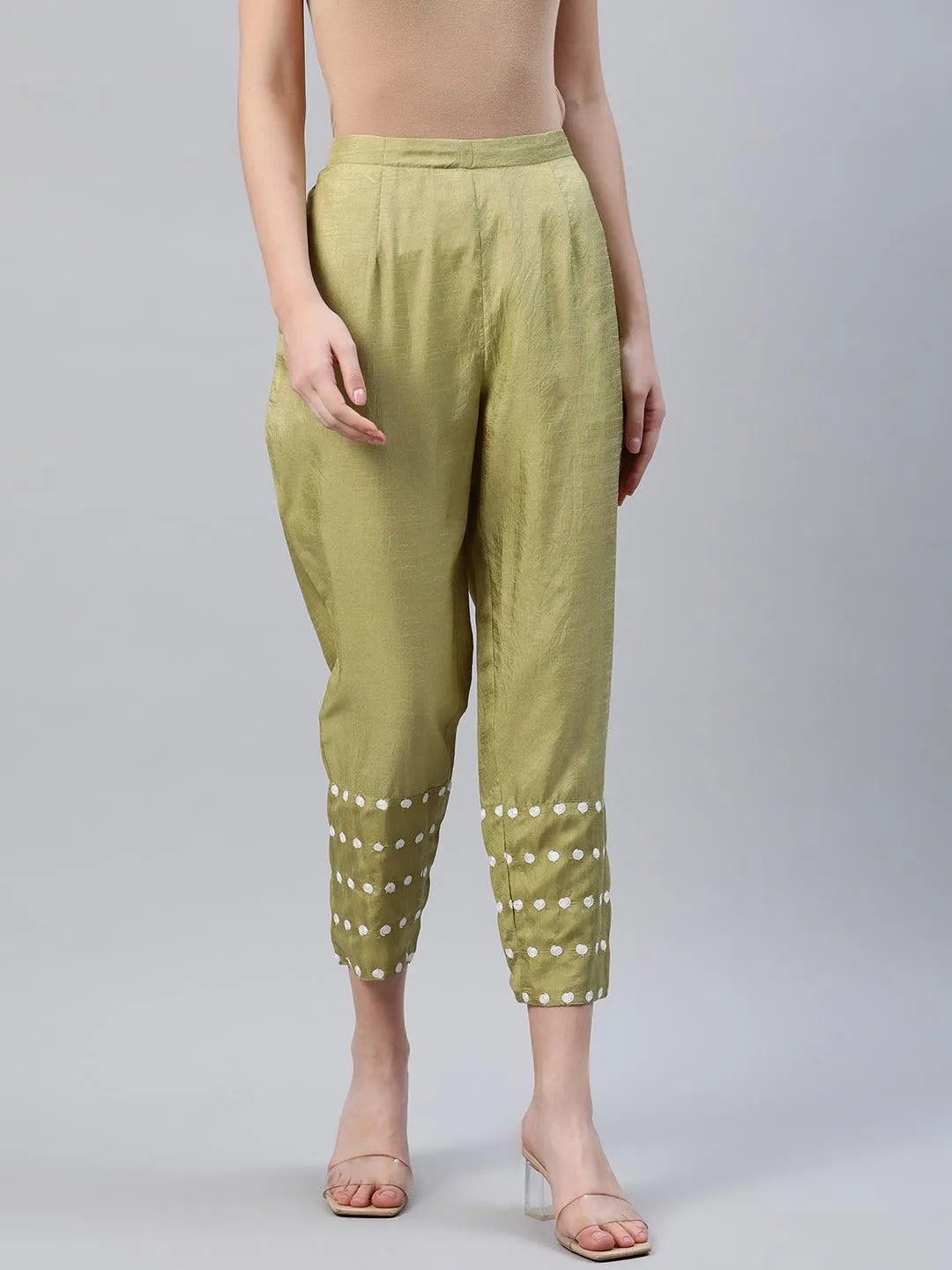 Green Embroidered Silk Trousers - Jashvi