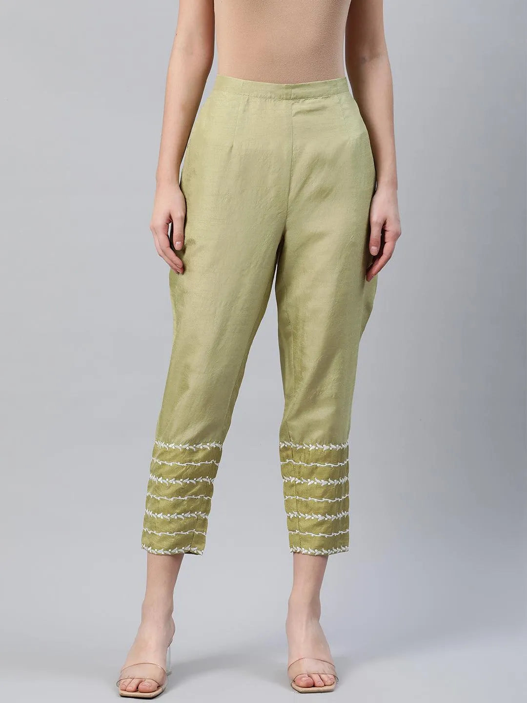 Green Embroidered Silk Trousers - Jashvi