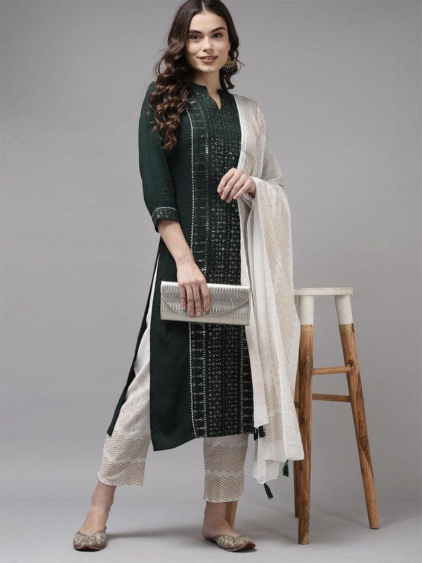 Women's Green Embroidered Straight Kurta Trouser With Dupatta Set - Odette