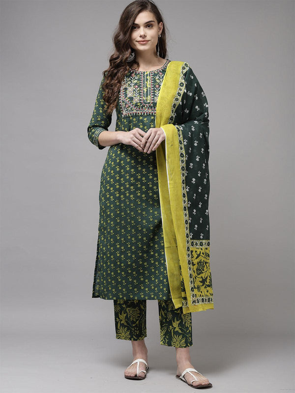 Women's Green Embroidered Straight Kurta Trouser With Dupatta Set - Odette