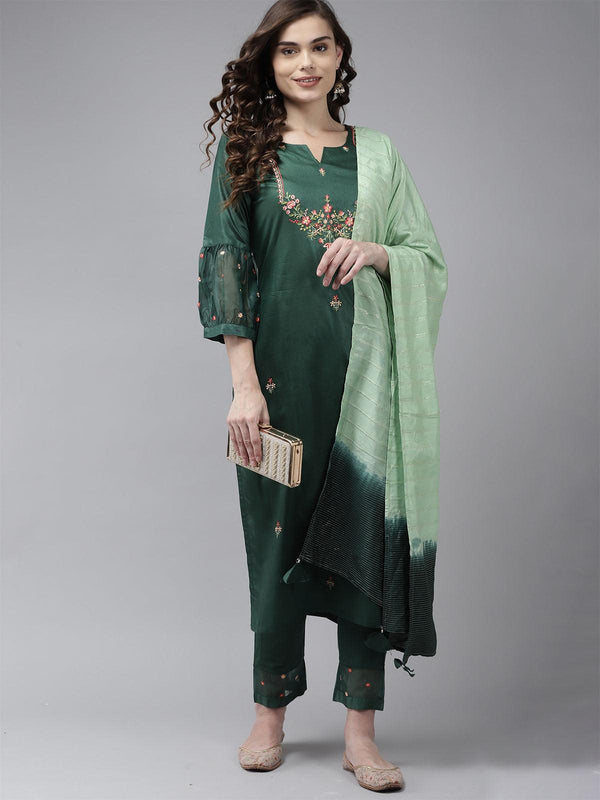 Women's Green Embroidered Straight Kurta Trouser With Dupatta Set - Odette