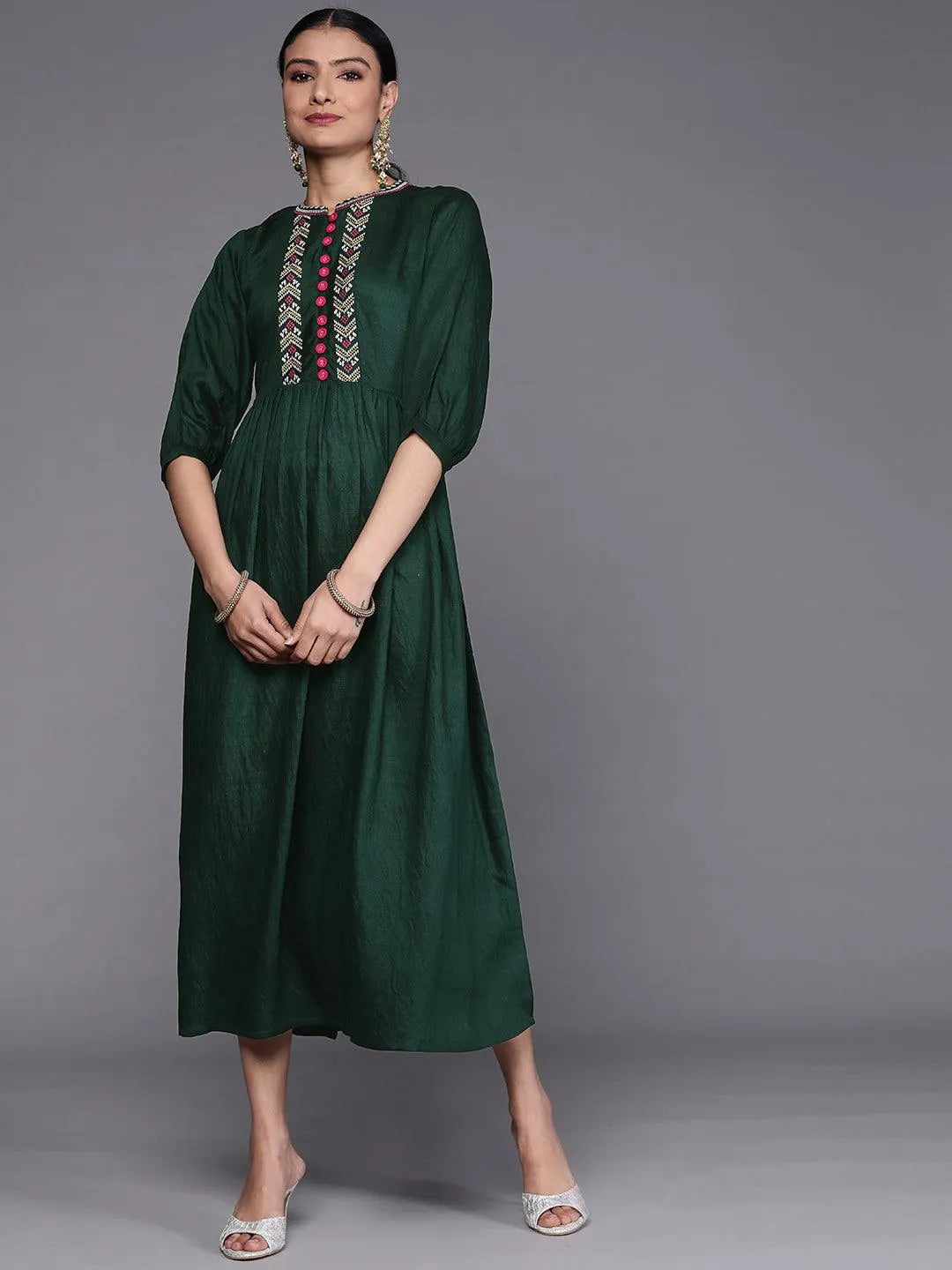 Green Embroidered Viscose Rayon Dress - Jashvi