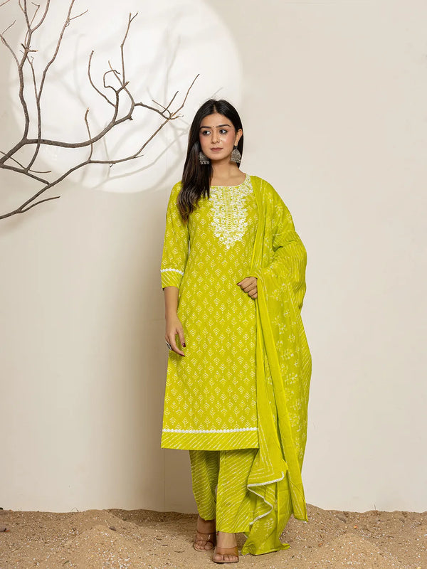 Green Ethnic Motifs Cotton Straight Kurta Dupatta Set-Indiakreations-JS6971SKDGRS