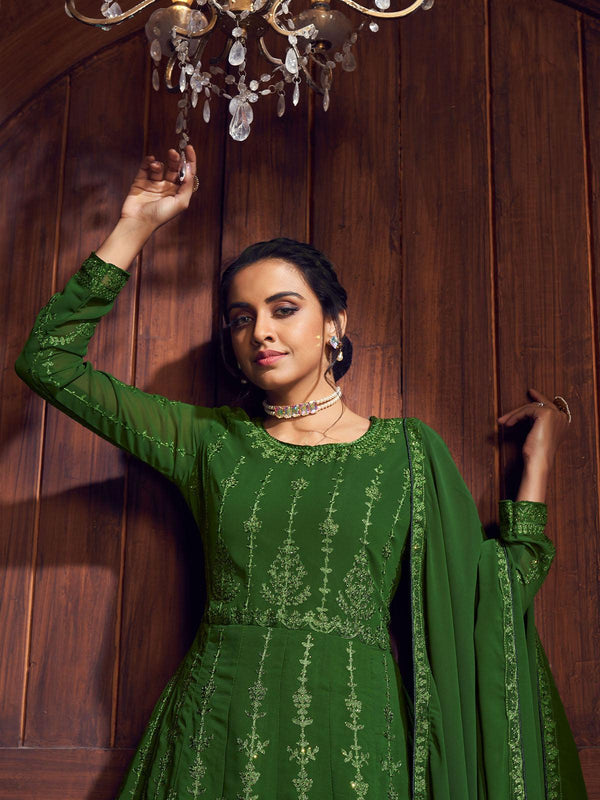 Women's Green Faux Georgette Heavy Chain Stich Embroidery Kurta Set - Odette