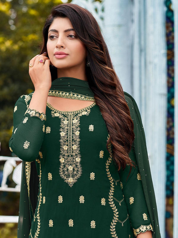 Women's Green Faux Georgette Heavy Thread Embroidery Swarovski Kurta Set - Odette