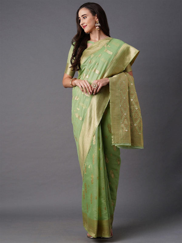 Women's Green Festive Silk Blend Woven Design Saree With Unstitched Blouse - Odette