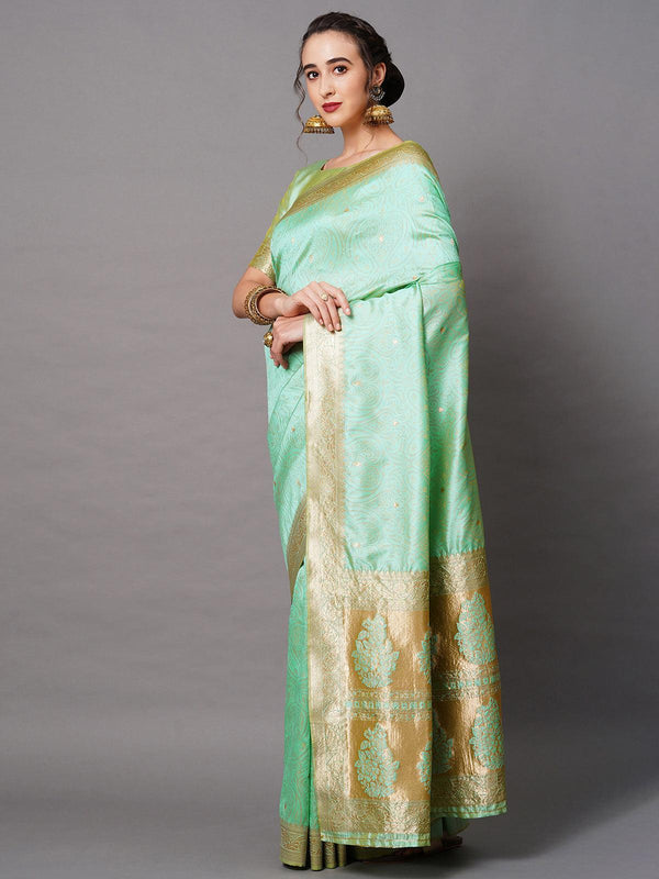 Women's Green Festive Silk Blend Woven Design Saree With Unstitched Blouse - Odette