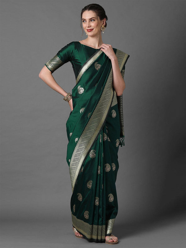 Women's Green Festive Silk Blend Woven Design Saree With Unstitched Blouse - Odette