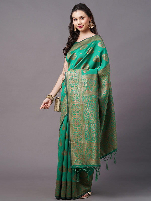 Women's Green Festive Silk Blend Woven Design Saree With Unstitched Blouse - Odette