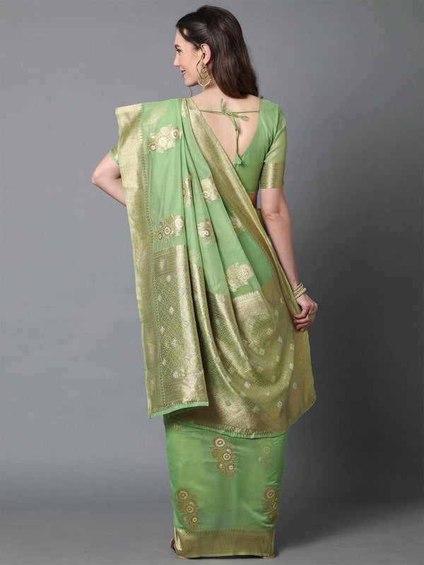 Women's Green Festive Silk Blend Woven Design Saree With Unstitched Blouse - Odette