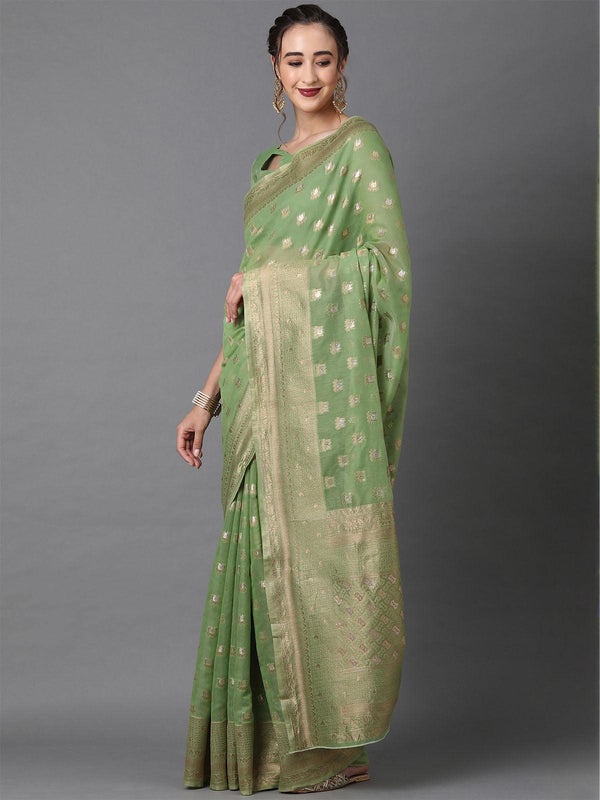 Women's Green Festive Silk Blend Woven Design Saree With Unstitched Blouse - Odette