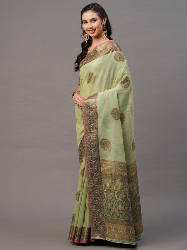 Women's Green Festive Silk Blend Woven Design Saree With Unstitched Blouse - Odette