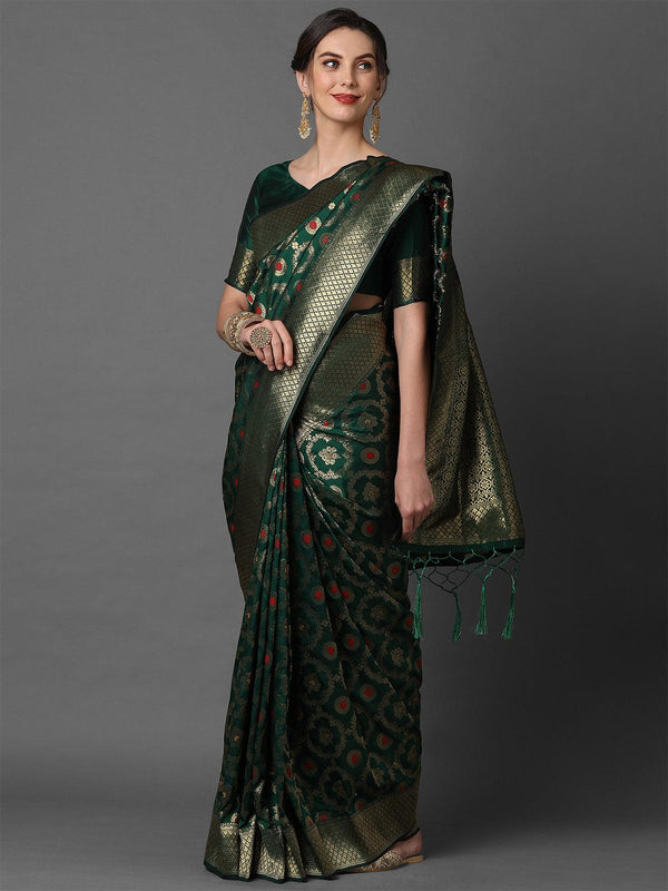 Women's Green Festive Silk Blend Woven Design Saree With Unstitched Blouse - Odette