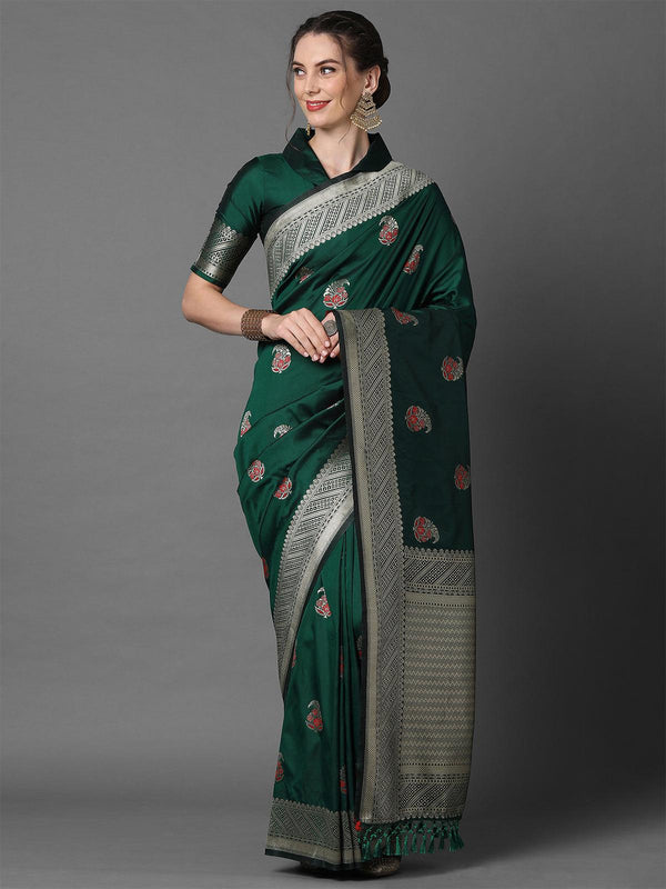 Women's Green Festive Silk Blend Woven Design Saree With Unstitched Blouse - Odette