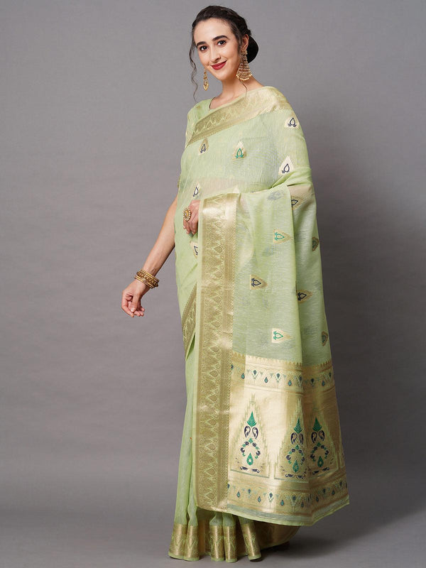 Women's Green Festive Silk Blend Woven Design Saree With Unstitched Blouse - Odette