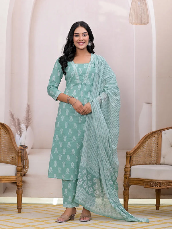 Green Floral Cotton A-Line Suit Set