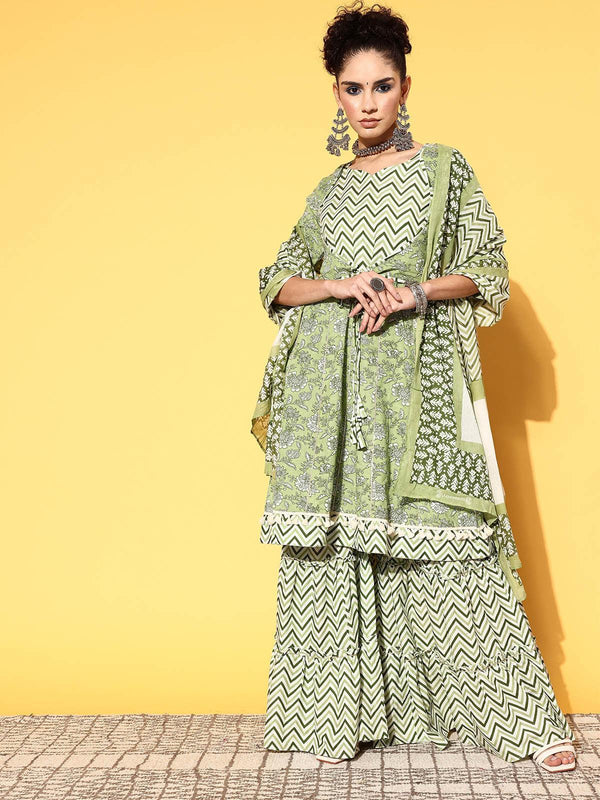 Women's Green Floral Printed Cotton Kurta Set - Odette