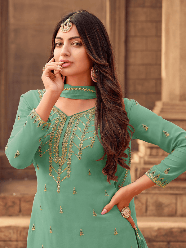 Women's Green Georgette Designer Embroidery Stone Work Kurta Set - Odette