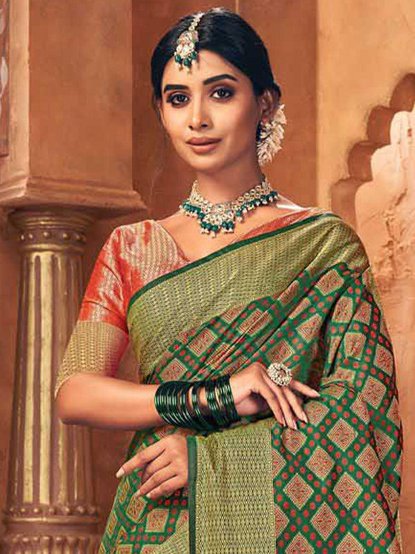 Women's Green Heavily Woven Patola Silk Saree - Odette