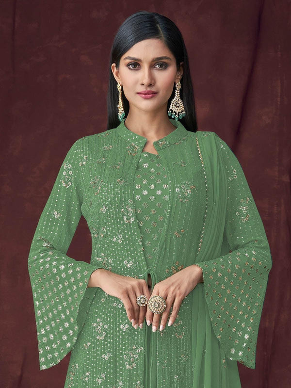 Women's Green Kurta Set With Overlay - Odette