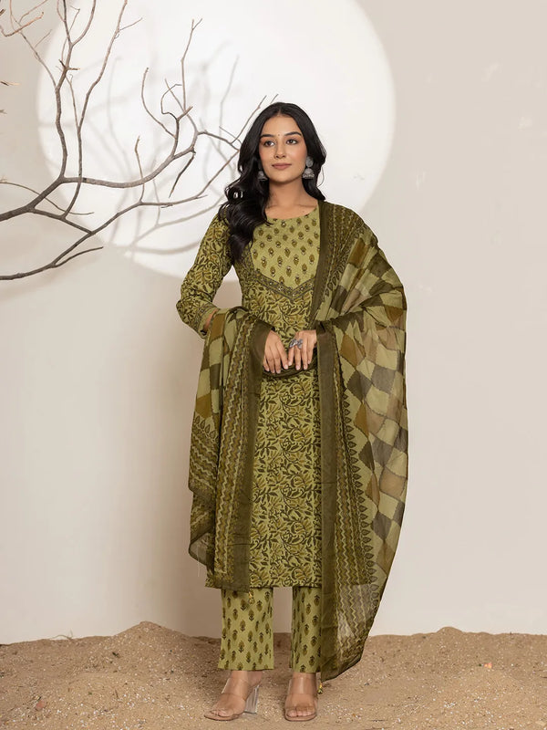 Green Leaf Print Cotton Straight Kurta Dupatta Set-Indiakreations-JS6972SKDGRS