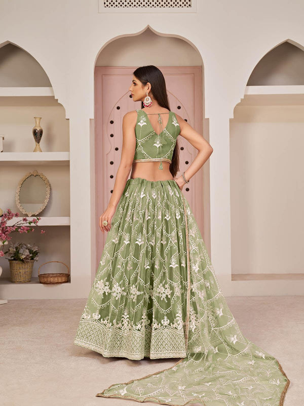 Women's Green Net Embroidered Lehenga Choli - Odette