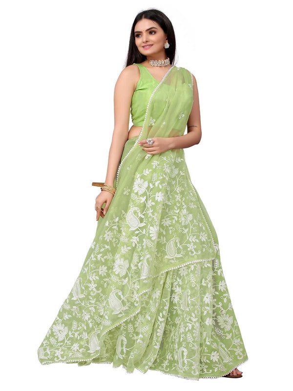 Women's Green Organza Embroidered Saree With Blouse - Odette