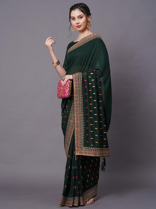 Women's Green Party Wear Vichitra Embelished Saree With Unstitched Blouse - Odette