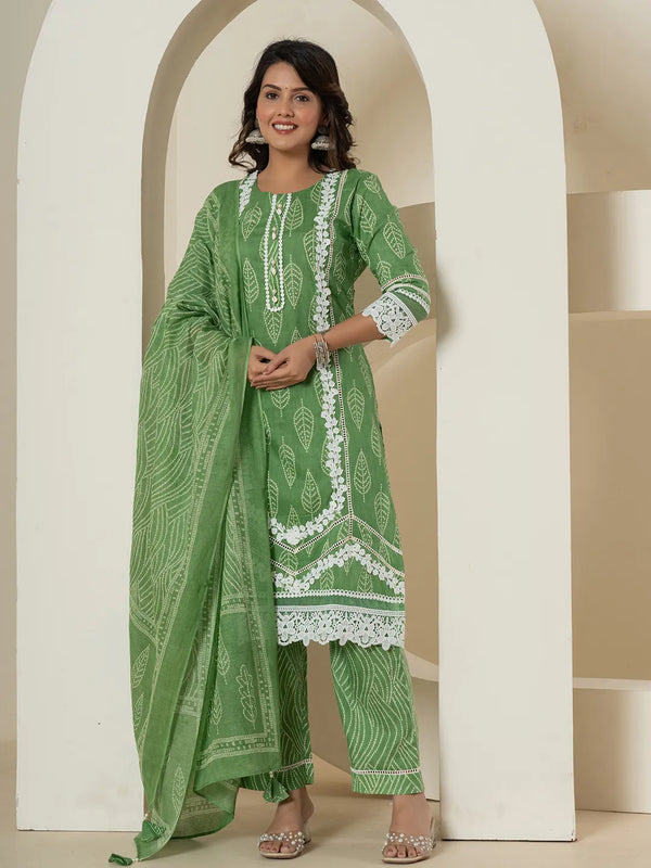 Green Patch Work Pure Cotton Straight Kurta And Dupatta Set