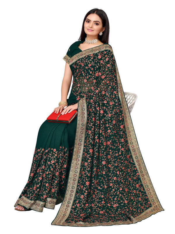 Women's Green Poly Georgette Embroidered Saree With Blouse - Odette